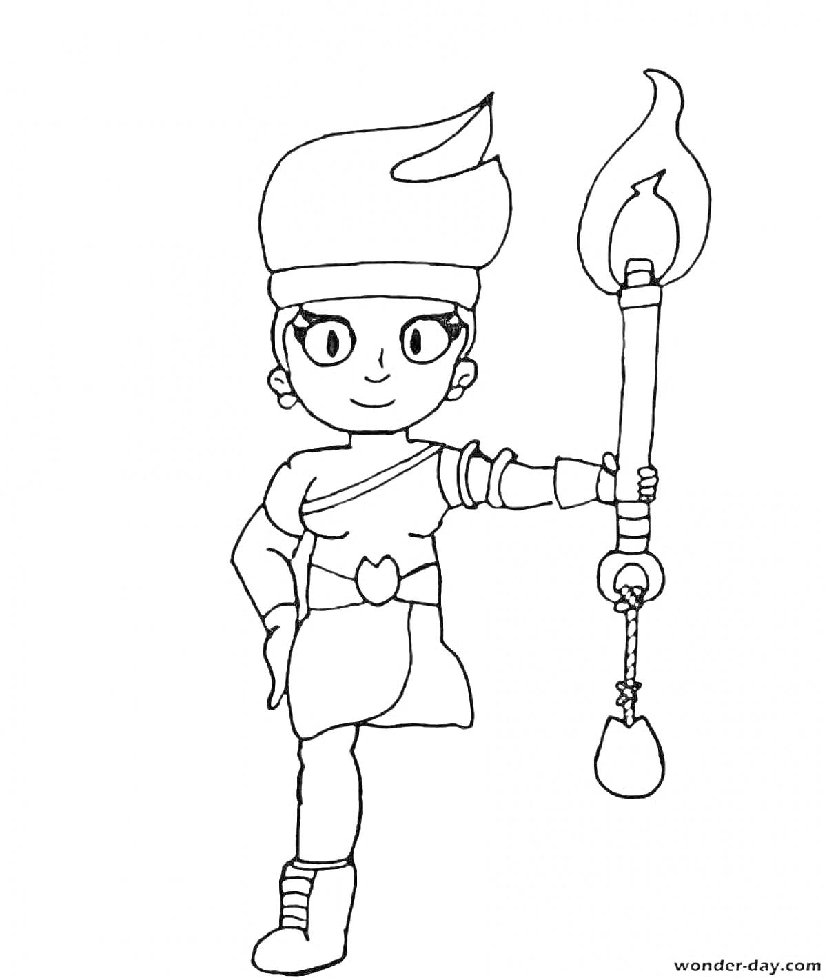 Раскраска Девочка-воин Амбер с факелом в руке