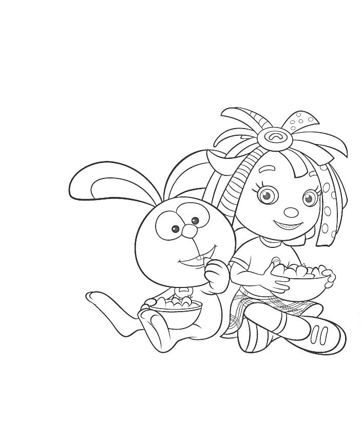 Раскраска Девочка и кролик едят лапшу из мисок