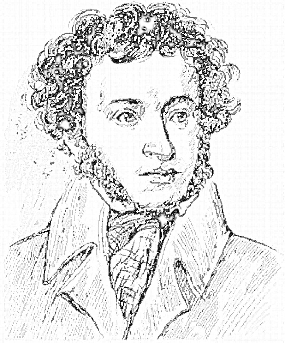 Раскраска портрет мужчины с кудрявыми волосами и бакенбардами в пальто с воротником и клетчатым шарфом