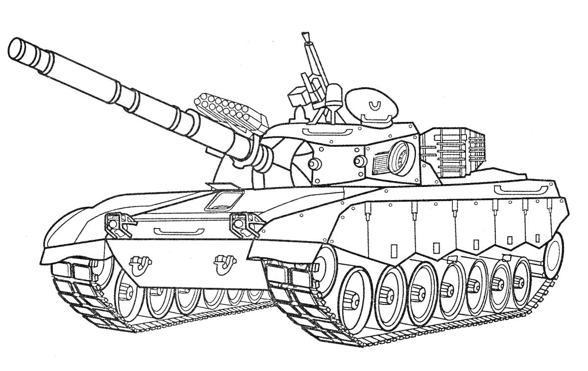 Раскраска Раскраска танк Т-34 с длинным орудием, крупной башней, гусеницами, пулеметом и деталями корпуса