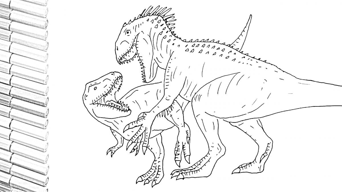 Раскраска Индоминус и другой динозавр в динамической схватке, на заднем плане коробка с цветными карандашами.