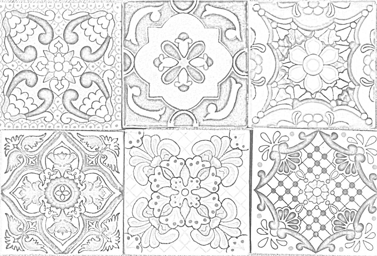 Раскраска Чёрно-белая раскраска с керамической плиткой ручной работы с цветочными и геометрическими узорами из 6 плиток