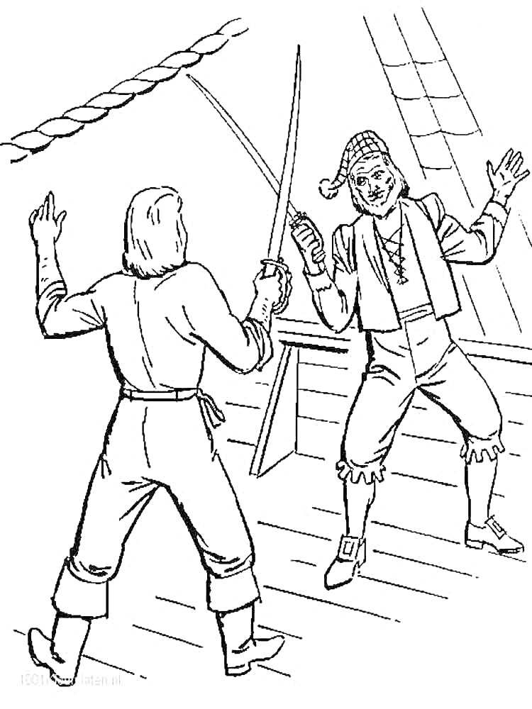 Раскраска Дуэль пиратов на палубе корабля