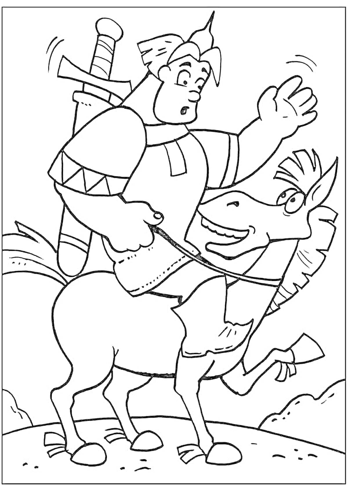 На раскраске изображено: Богатырь, Воин, Конь, Лошадь, Меч, Оружие, Средневековье, Легенда, Эпос