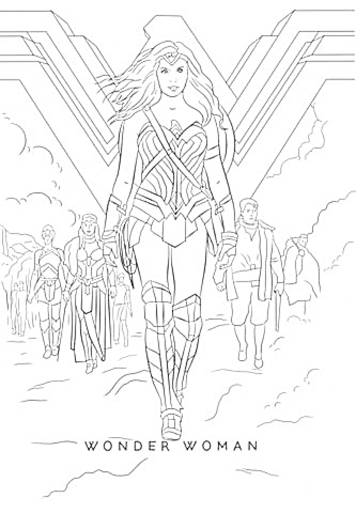 На раскраске изображено: Чудо-женщина, Комиксы, Костюм, Оружие, Герой, Приключения, Супергерои