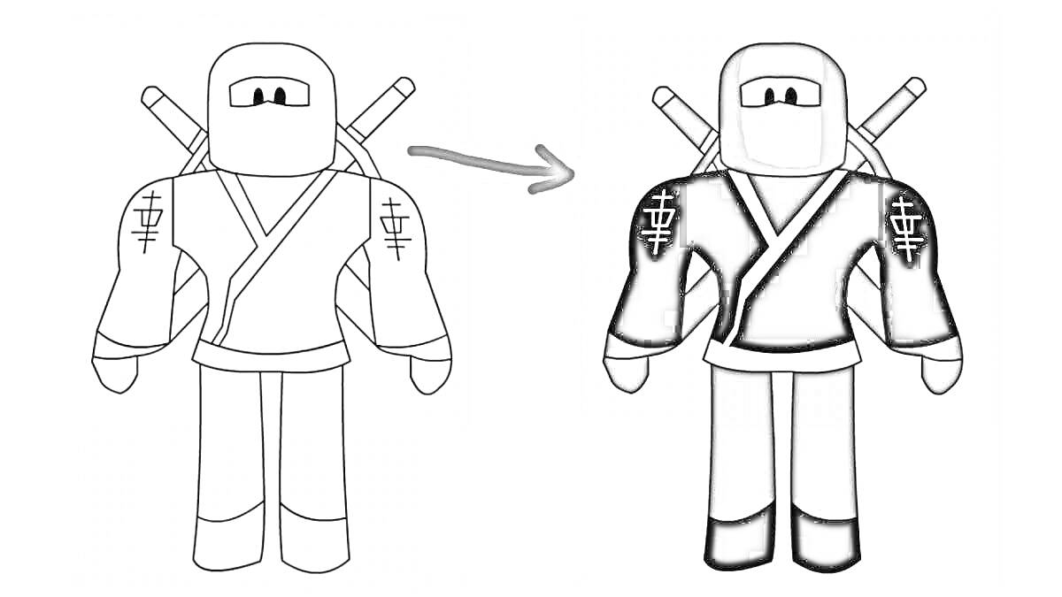 Раскраска ниндзя с двумя мечами на спине, один меч зеленый, другой коричневый, черная одежда с белыми полосами, маска на лице, белая эмблема на рукавах