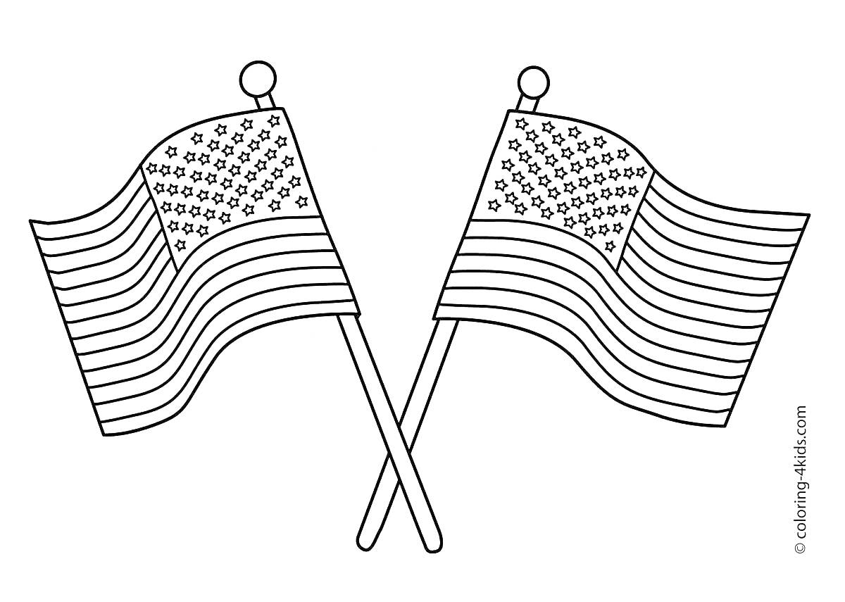 Раскраска Два пересекающихся флага с полосами и звездами на флагштоках