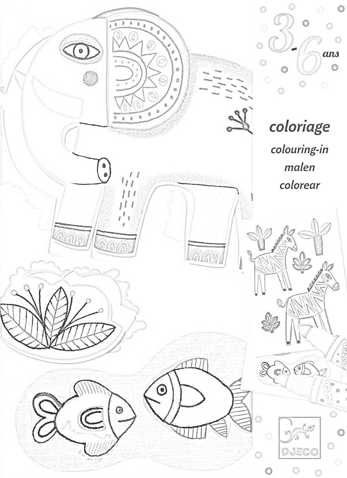 Раскраска Слон, рыбы, лошади, птицы и листья
