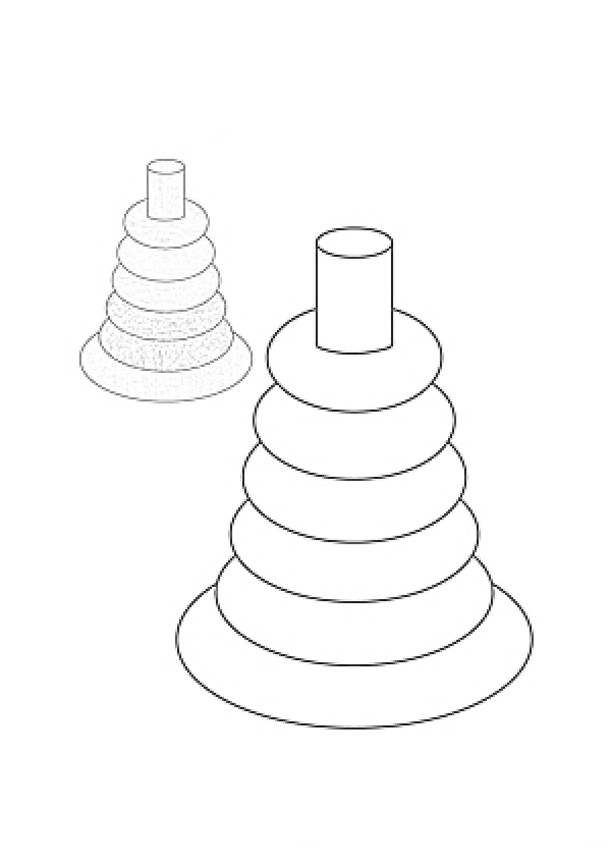 Раскраска Пирамидка с разноцветными кольцами и их черно-белый контур