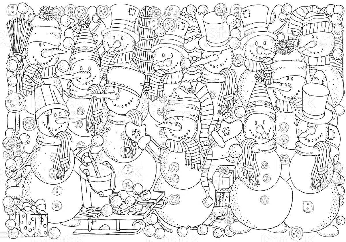 Раскраска Гигантская новогодняя сцена со снеговиками, шарфами, ведёрками, шапочками, метлами и подарками