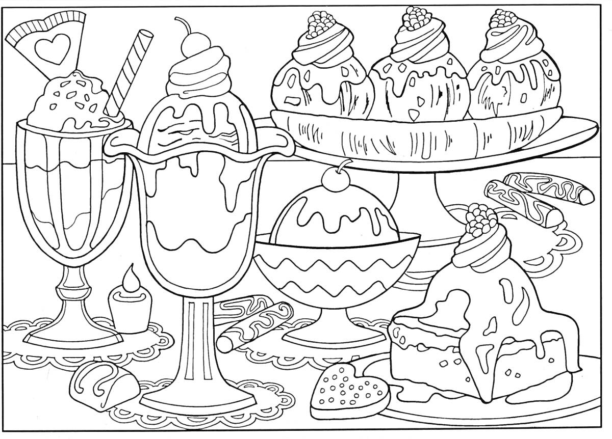 На раскраске изображено: Мороженое, Печенье, Десерты, Карамель, Шоколад, Подставка, Кекс, Пирожное, Вишня, Ковер, Чашки