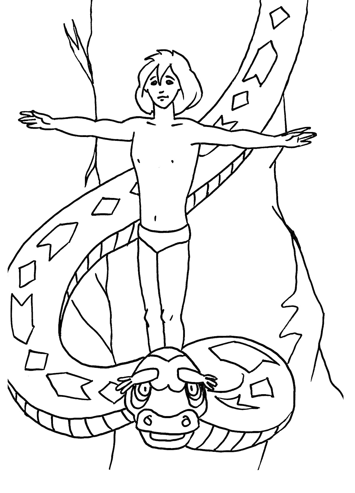 Раскраска Мальчик Маугли и змея на дереве