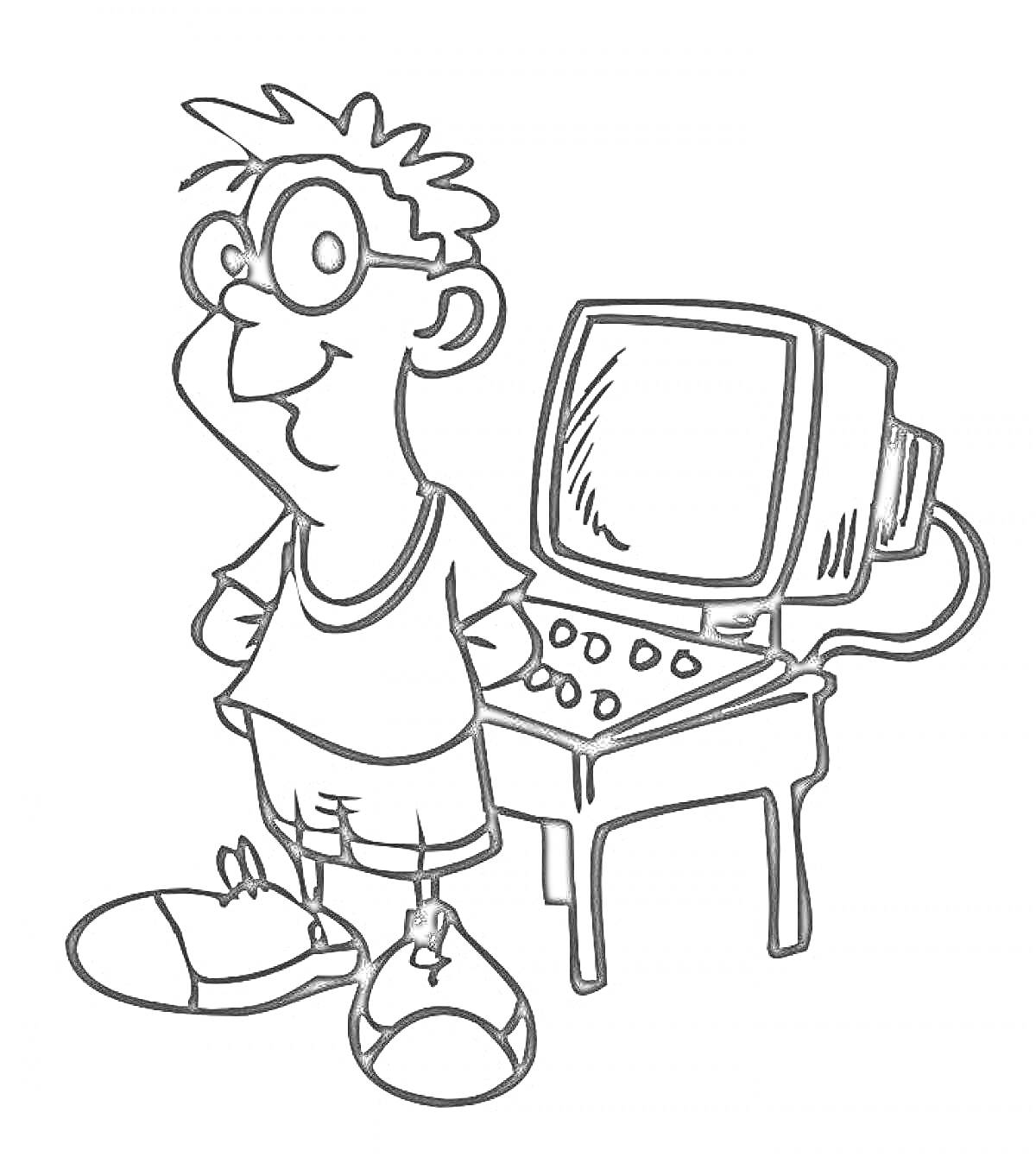 Раскраска Мальчик в очках рядом с компьютером на столе