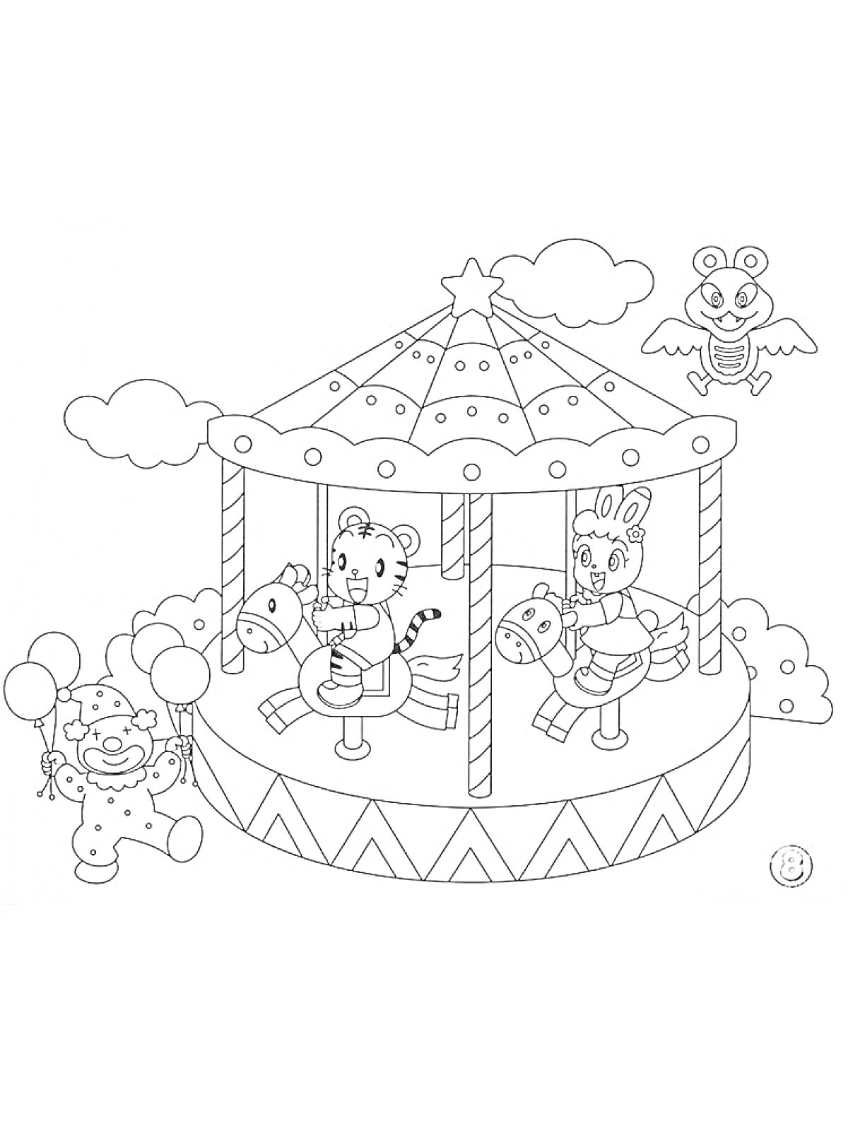 Раскраска Детская карусель с животными и воздушными шарами