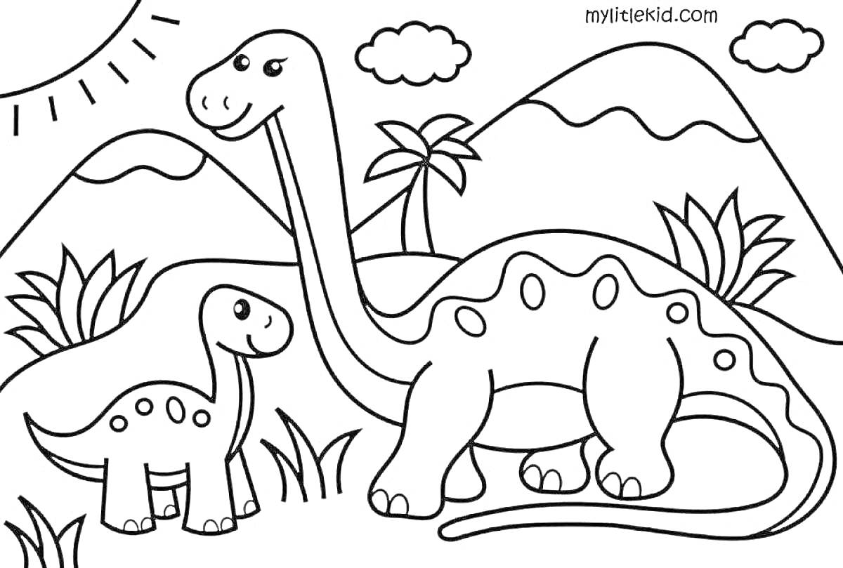 Раскраска Два динозавра с горами, солнцем, облаками, пальмами и кустами.