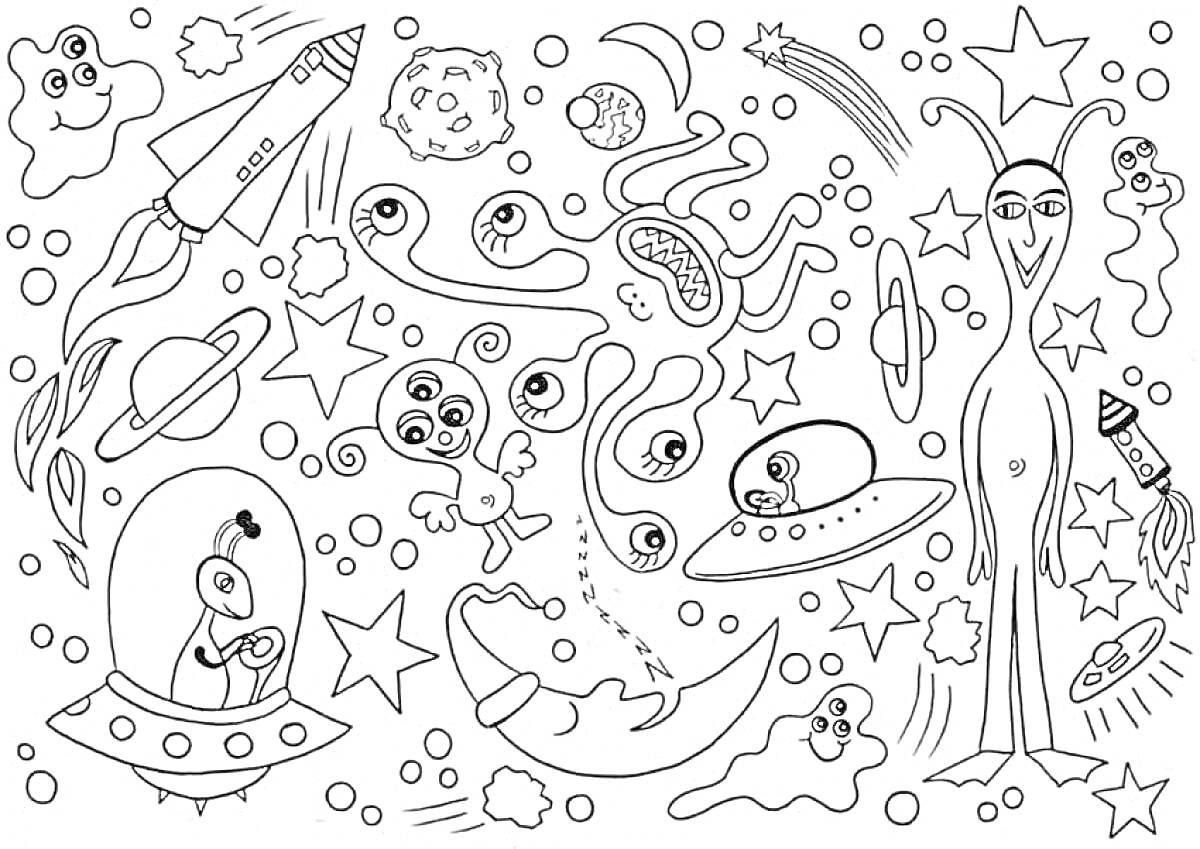 На раскраске изображено: Космос, Ракета, Планеты, Звезды, Пришельцы, Летающие тарелки, Комета, Космический корабль, Для детей