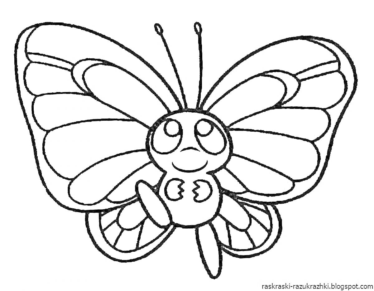 Раскраска Бабочка с большими крыльями и улыбающимся лицом