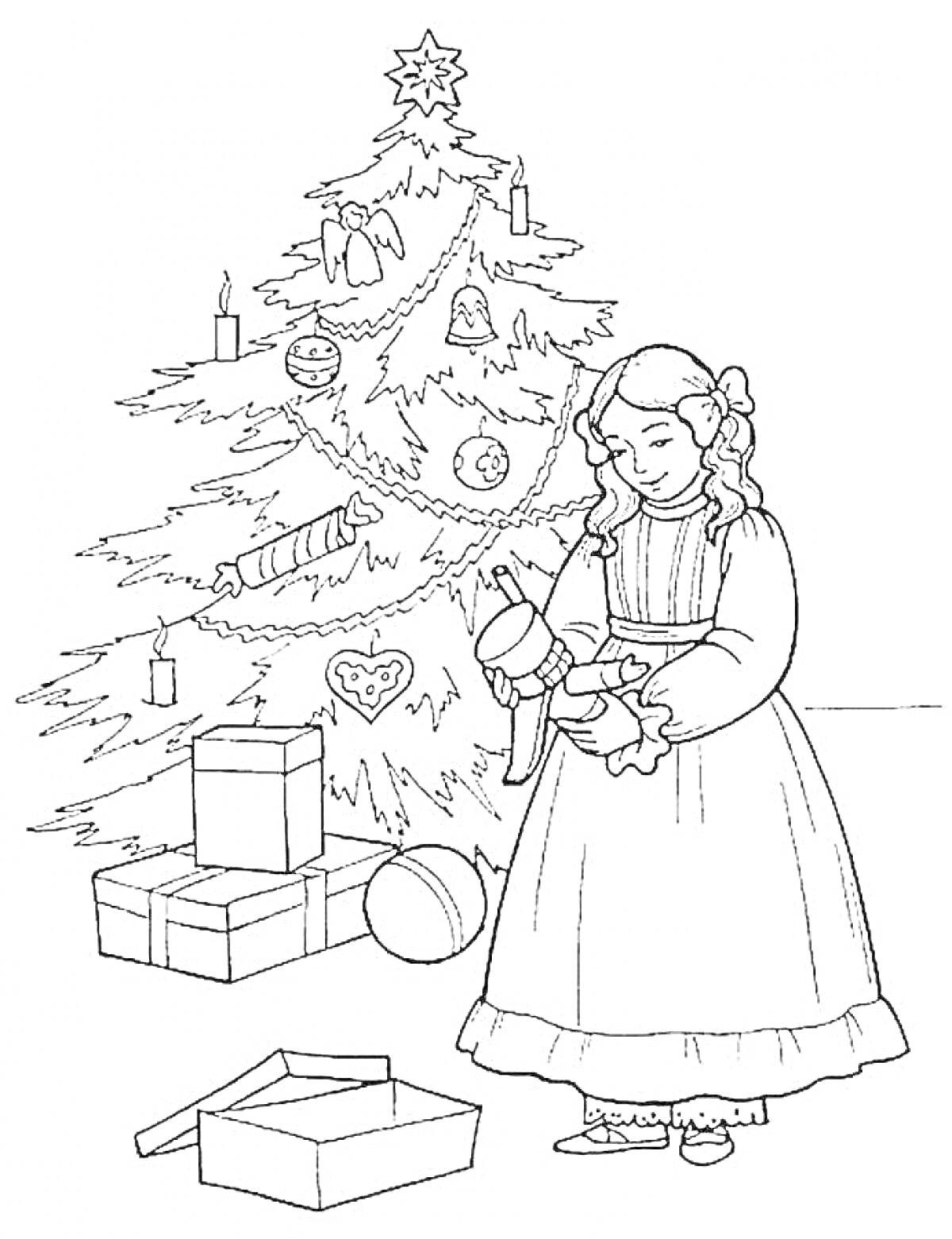 На раскраске изображено: Девочка, Щелкунчик, Новогодняя елка, Подарки, Праздничное дерево, Игрушки, Рождество