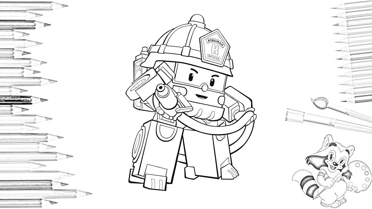 Раскраска Раскраска: Спасатель в шлеме с фонарём, карандаши, кисти, енот