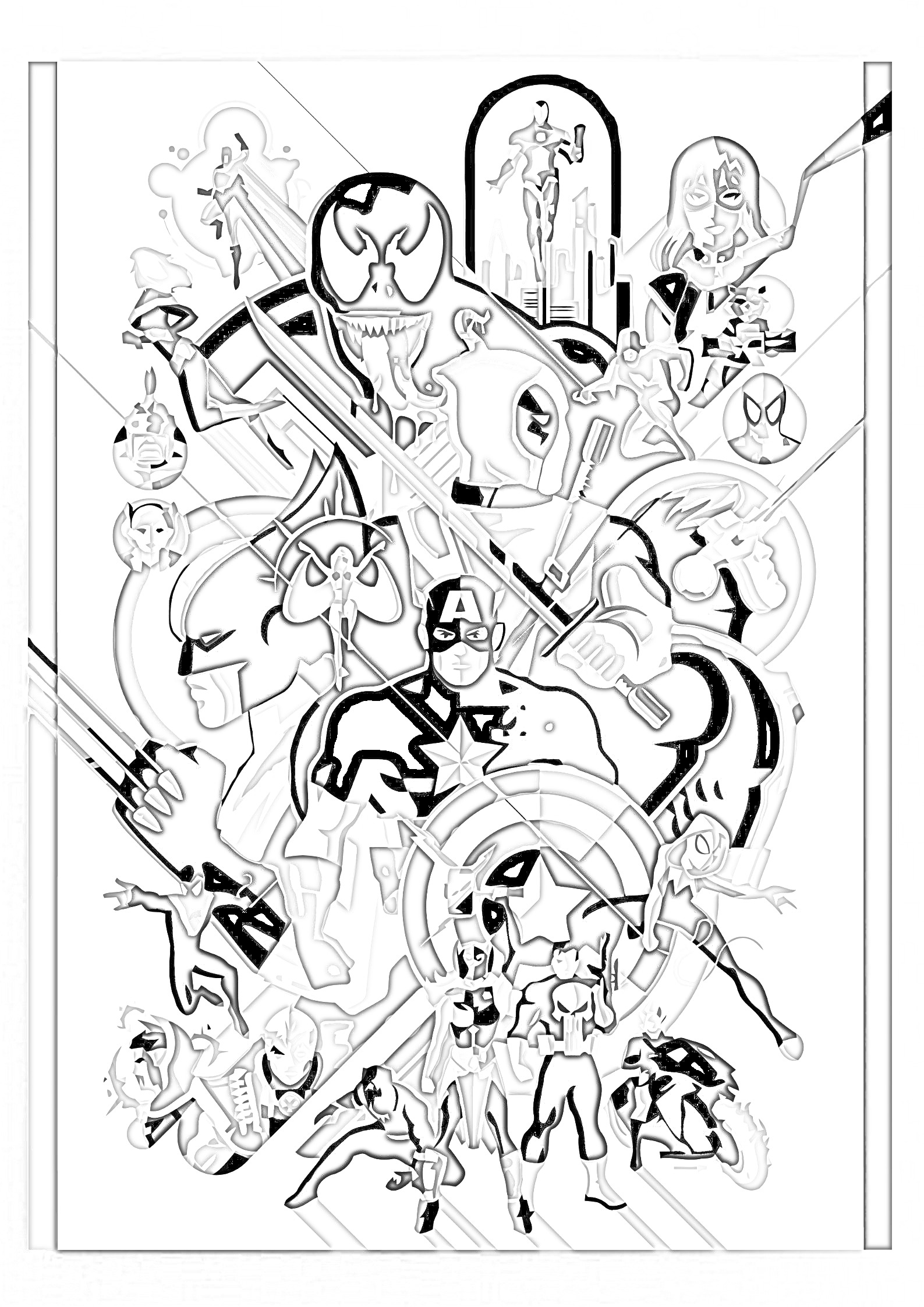 Раскраска Раскраска по номерам Marvel со множеством супергероев и злодеев, включая Капитана Америку, Человека-паука, Веноама, Дэдпула и другие.