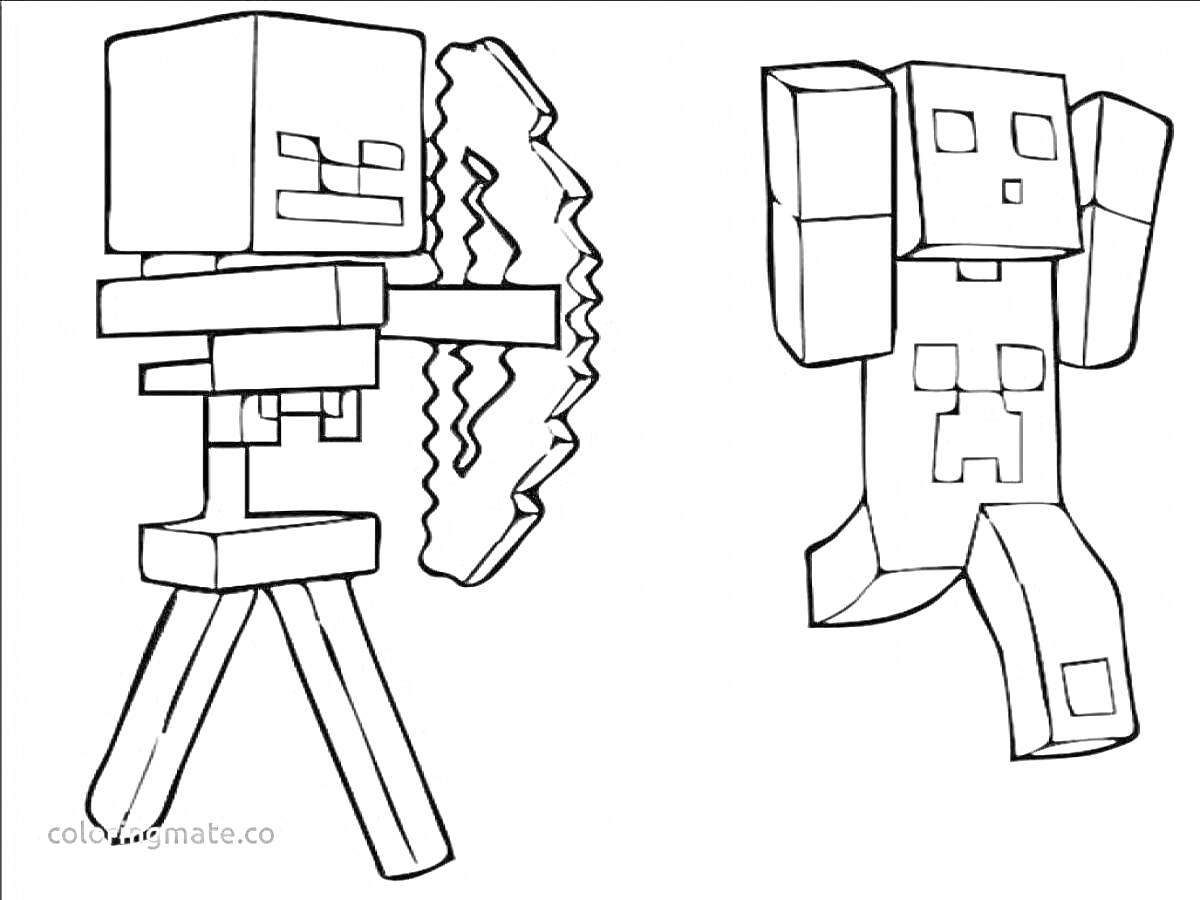 Раскраска Скелет-лучник и игрок из Майнкрафт