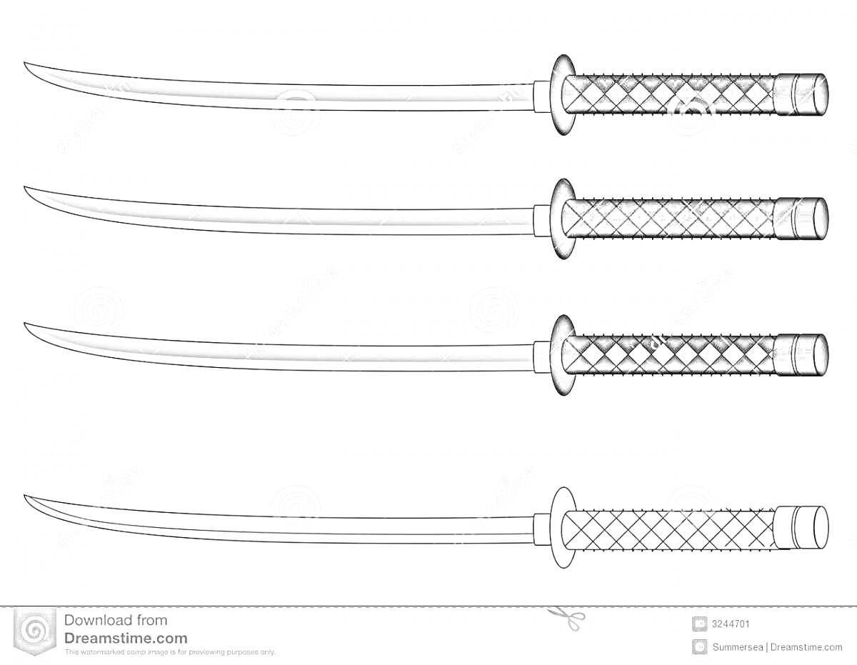 Раскраска Четыре катаны с различным дизайном рукояти и гард, два полностью раскрашены, один с раскрашенной рукоятью, одна окрашена в оттенки серого