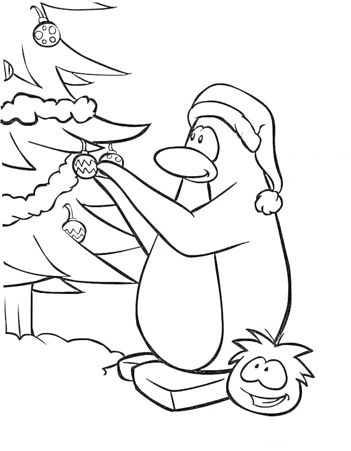 Раскраска Пингвин в шапке Санты украшает ёлку, рядом лежит подарочная коробка и довольный маленький персонаж