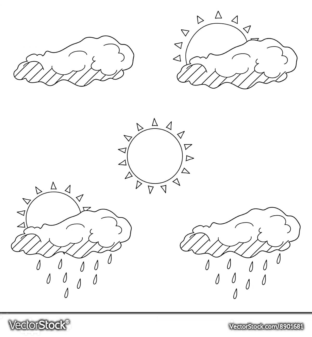 На раскраске изображено: Погода, Солнце, Облака, Дождь