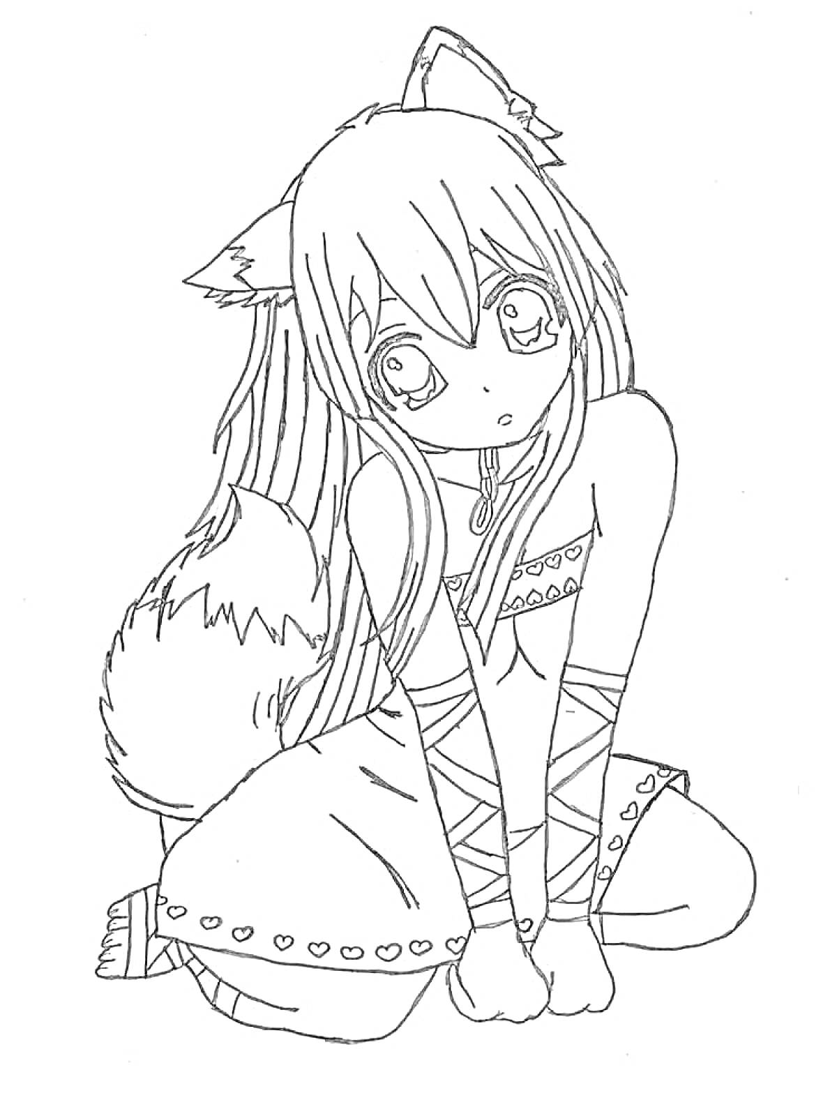 Раскраска Аниме девочка-котик с ушками и хвостом, сидящая на коленях в платье с сердечками