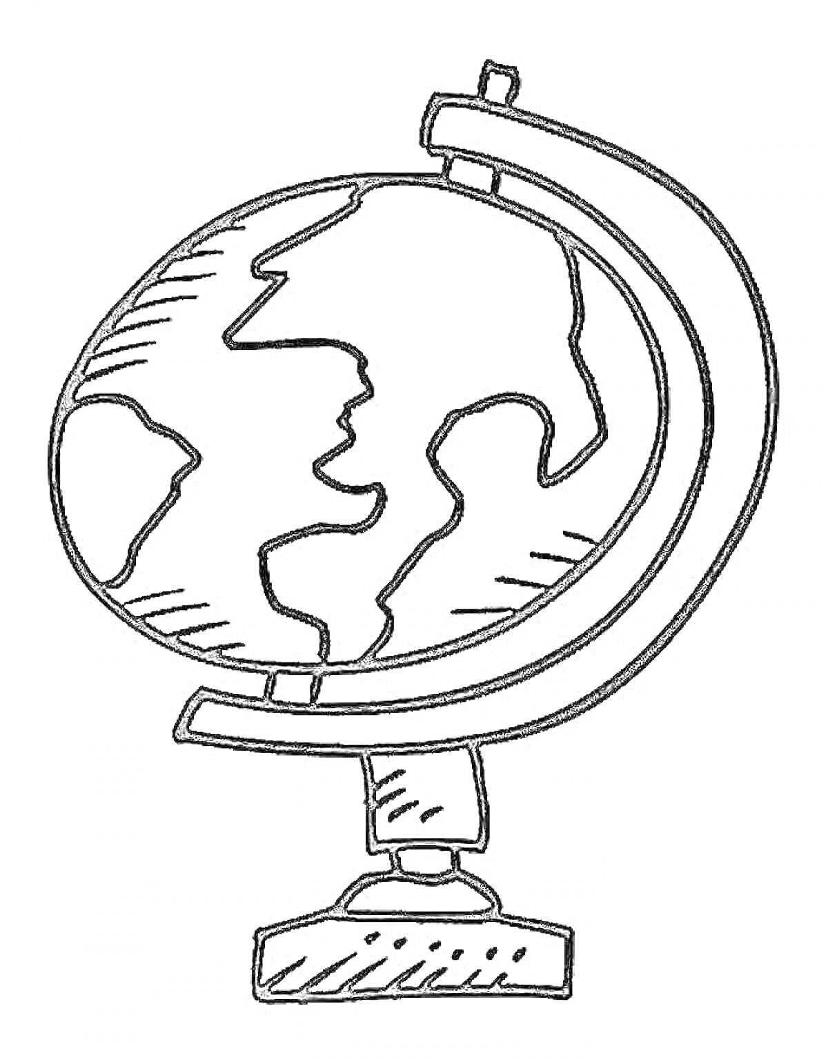 На раскраске изображено: Глобус, Земной шар, Континенты, Подставка, Карта мира
