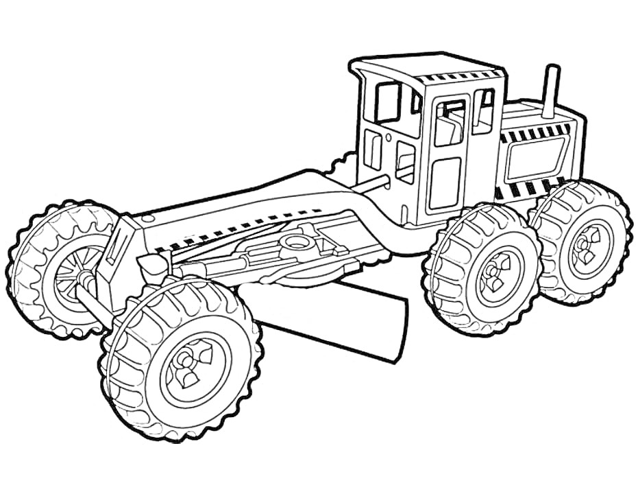 Раскраска Раскраска с трактором, изображение включает: кабину водителя, большие колеса, детали кузова и шасси