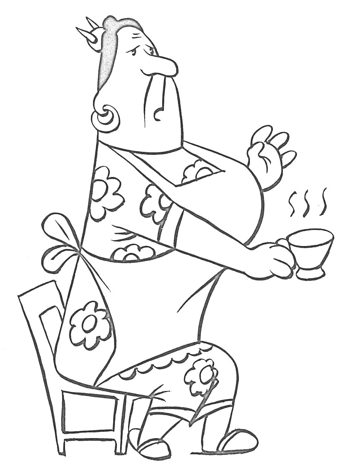 Раскраска Женщина в платье с цветочным узором сидит на стуле и держит чашку с горячим напитком