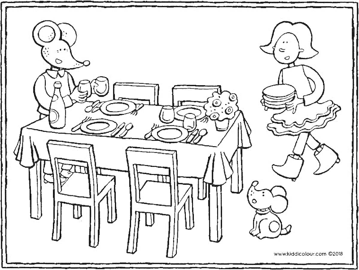 Раскраска Сервировка стола с мышами и собакой