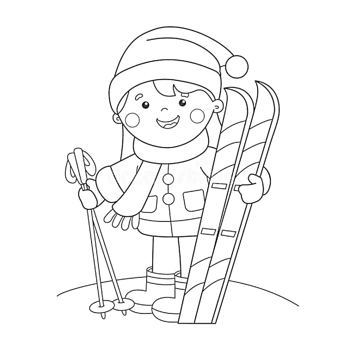 Раскраска Ребёнок со лыжами, палками, в тёплой одежде на снегу