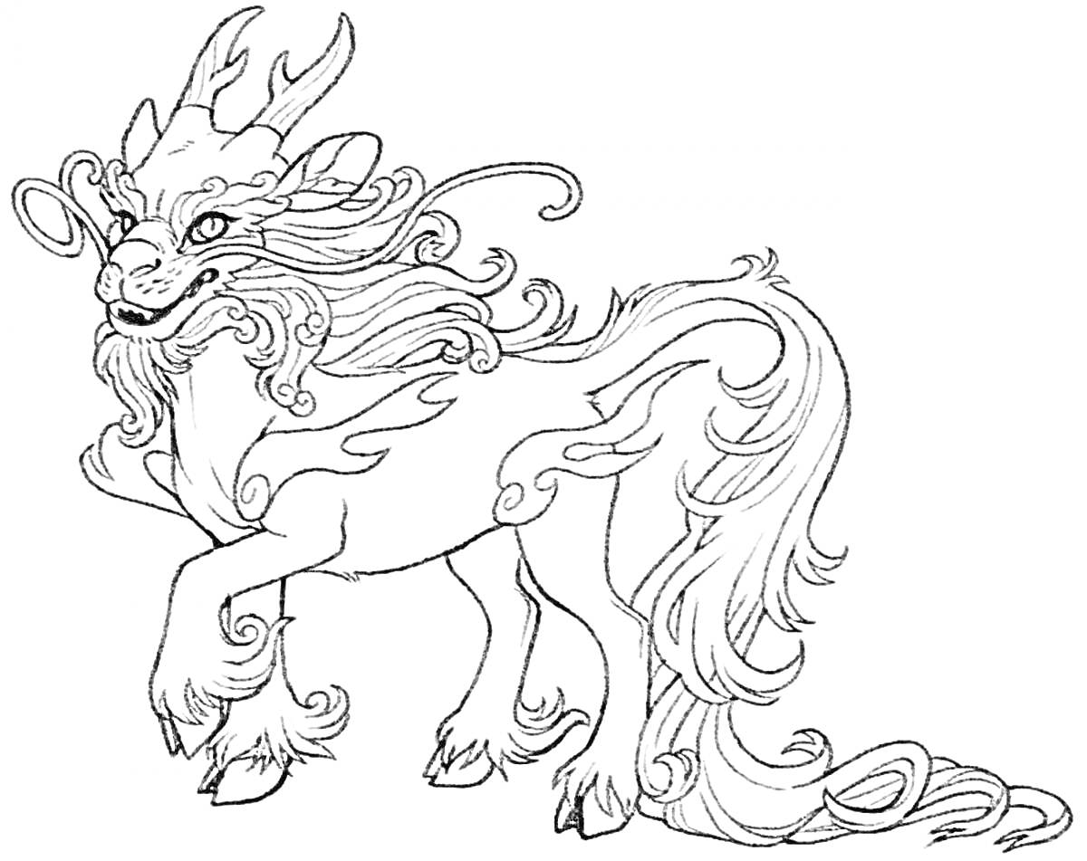 Раскраска Волшебный дракон с рогами и гривой, пушистым хвостом и узорами на теле