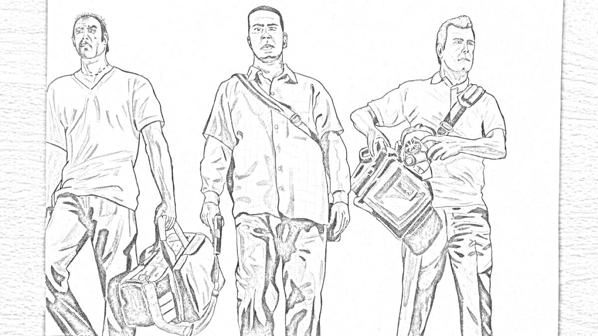 Раскраска Три мужчины с сумками на рисунке из игры GTA V