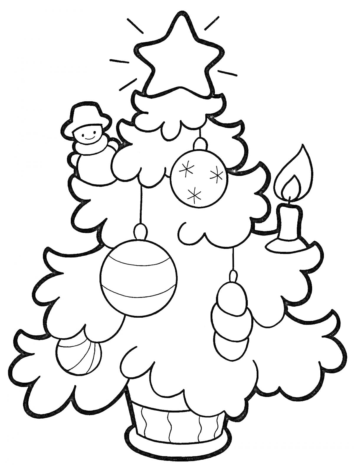 Раскраска Елка с украшениями - верхушка звезда, снеговик, шарики с узорами, свеча, и рождественские игрушки