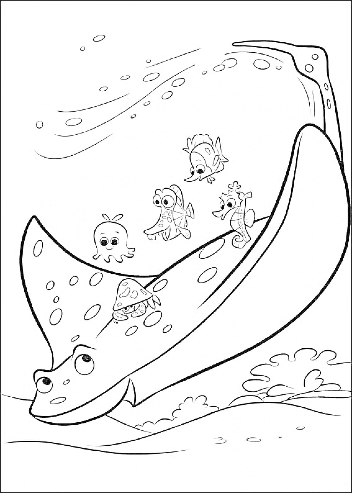 На раскраске изображено: В поисках Дори, Скат, Морской конек, Черепаха, Подводный мир, Рыба, Комиксы, Осьминоги