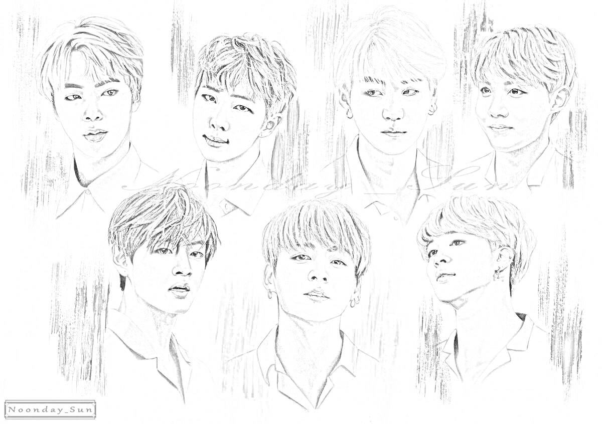 Раскраска Портреты семи человек из кей-поп группы, графическая зарисовка лиц с различными прическами, все в рубашках