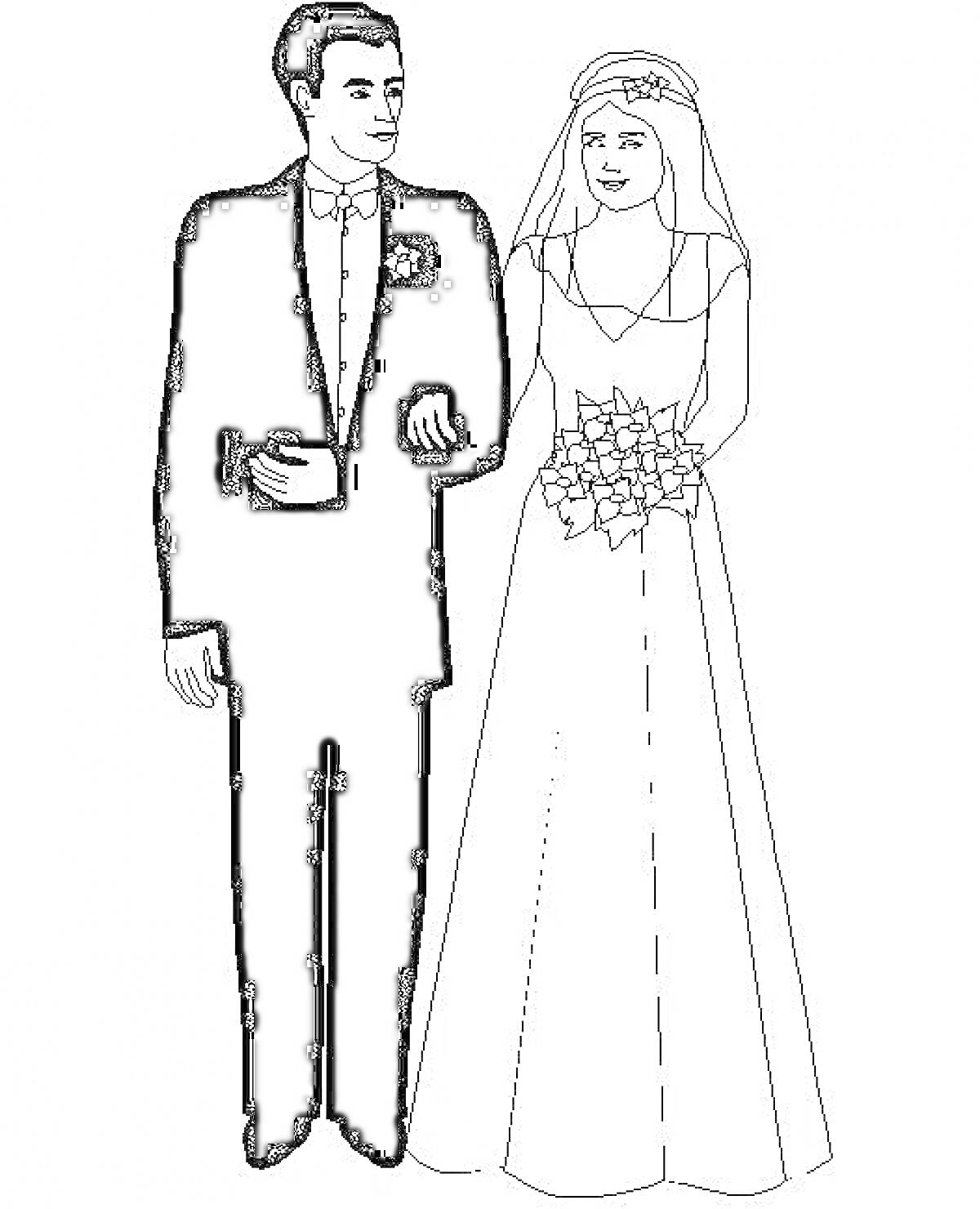 На раскраске изображено: Жених, Невеста, Свадьба, Смокинг, Свадебное платье, Фата, Пара