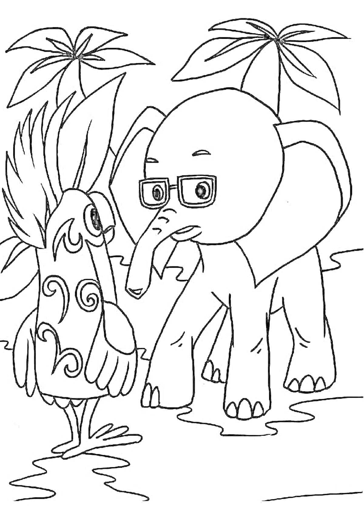 Раскраска Птичка с узорами и слон в очках на фоне пальм