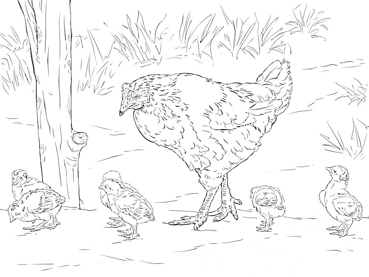 На раскраске изображено: Цыплята, Трава, Природа, Сельская жизнь, Ферма