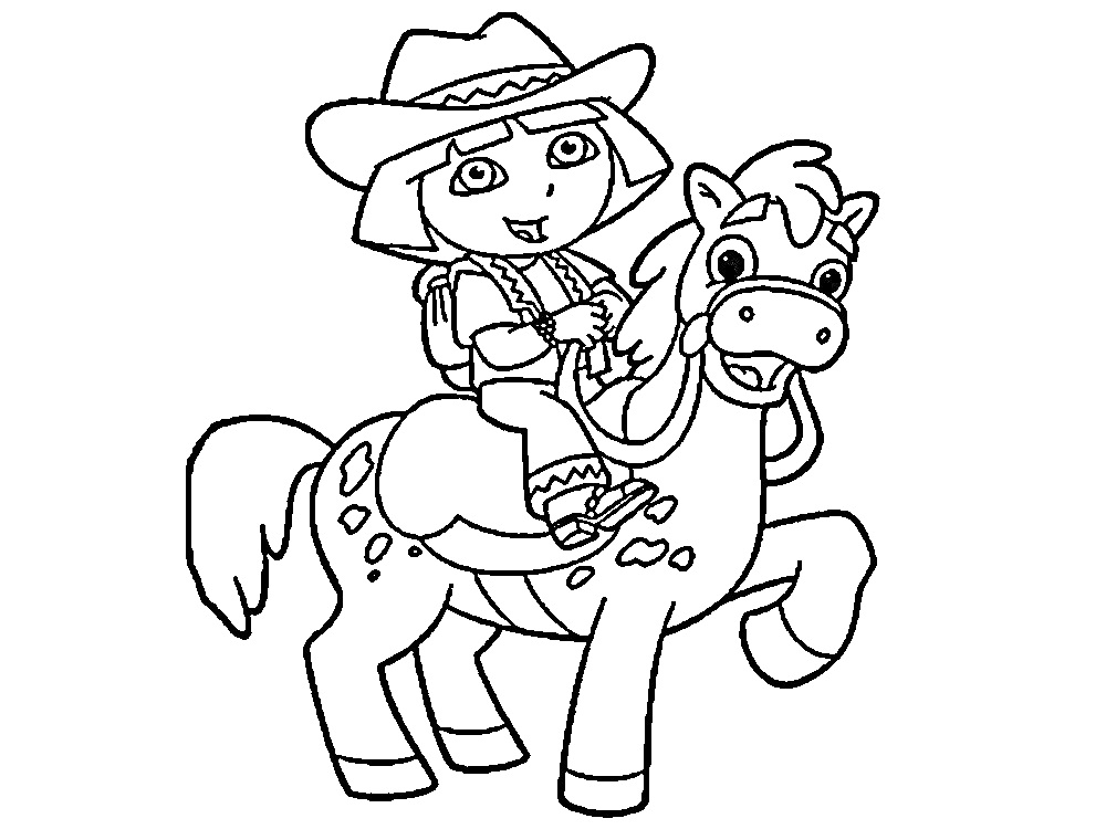 Раскраска Даша Путешественница на лошади в ковбойской шляпе