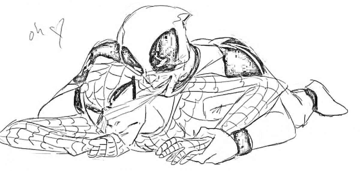 Раскраска Дэдпул лежит на спине Человека-паука, обнимая его. Человек-паук выглядит грустным, а Дэдпул прижимается к нему сверху, касаясь носа маской.
