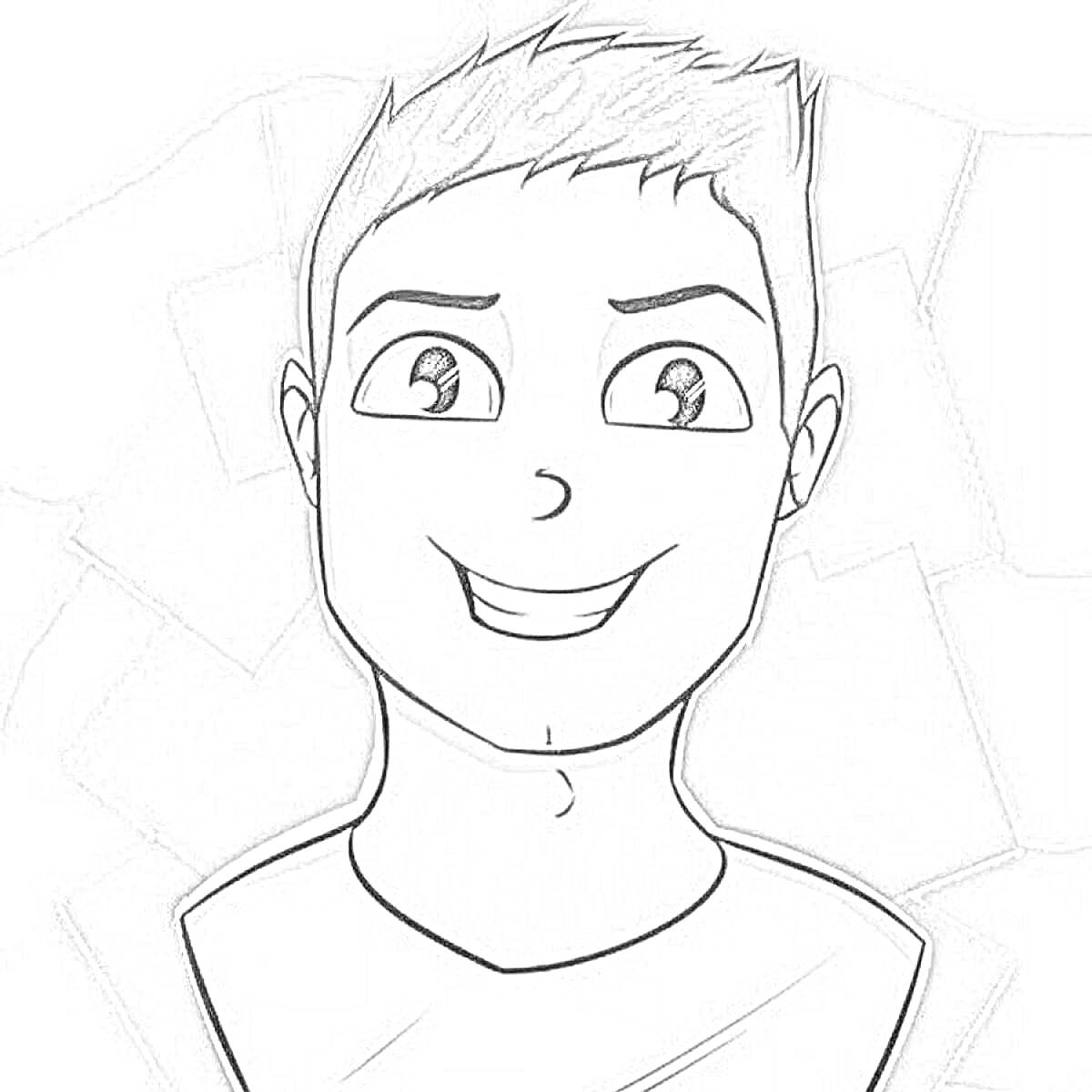 Раскраска Портрет улыбающегося молодого человека с короткими волосами на сером фоне с прямоугольниками