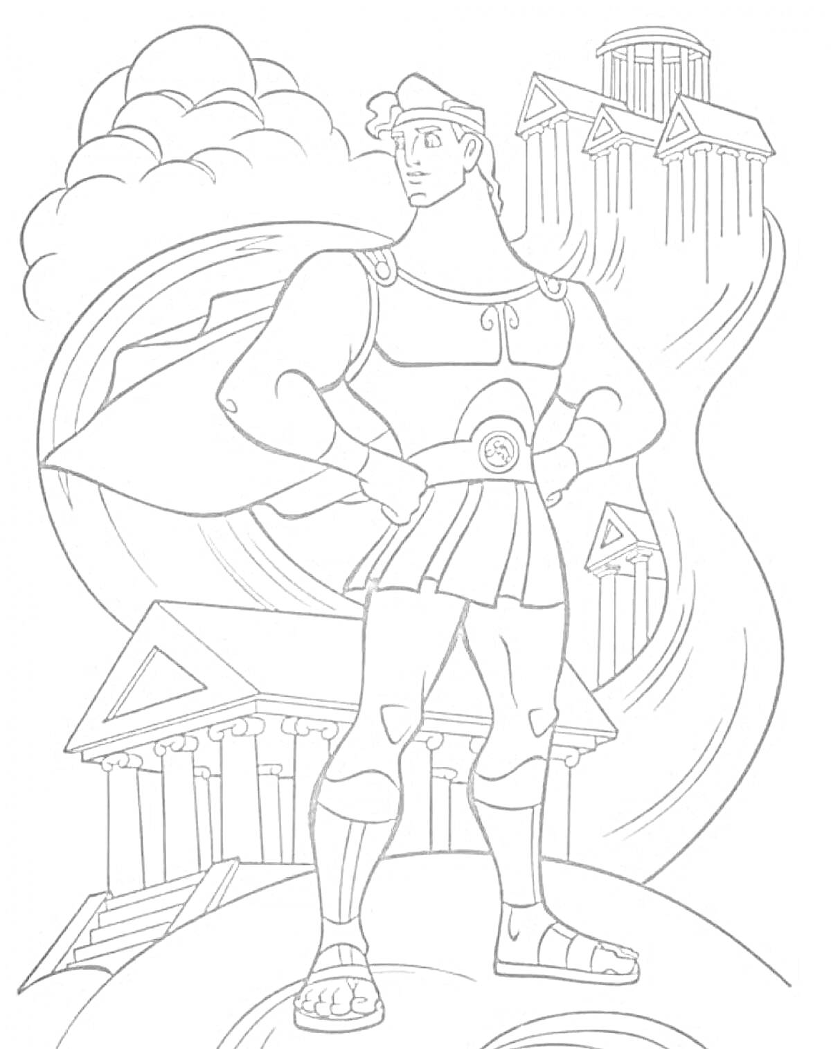 На раскраске изображено: Древняя Греция, Мужская фигура, Храм, Здания, Облака, Архитектура, Мифические существа
