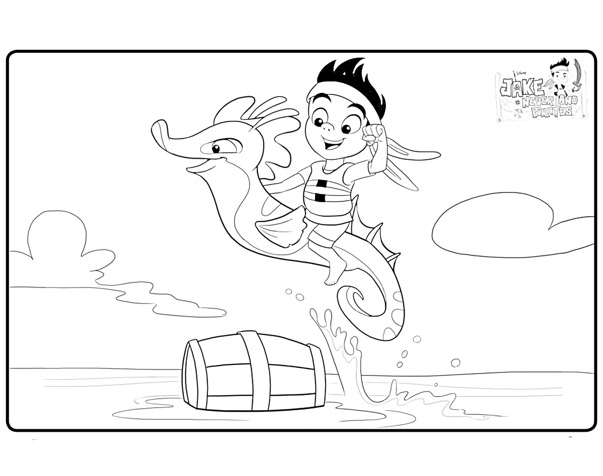 Раскраска Джейк на морском драконе, прыгающий через бочку в море