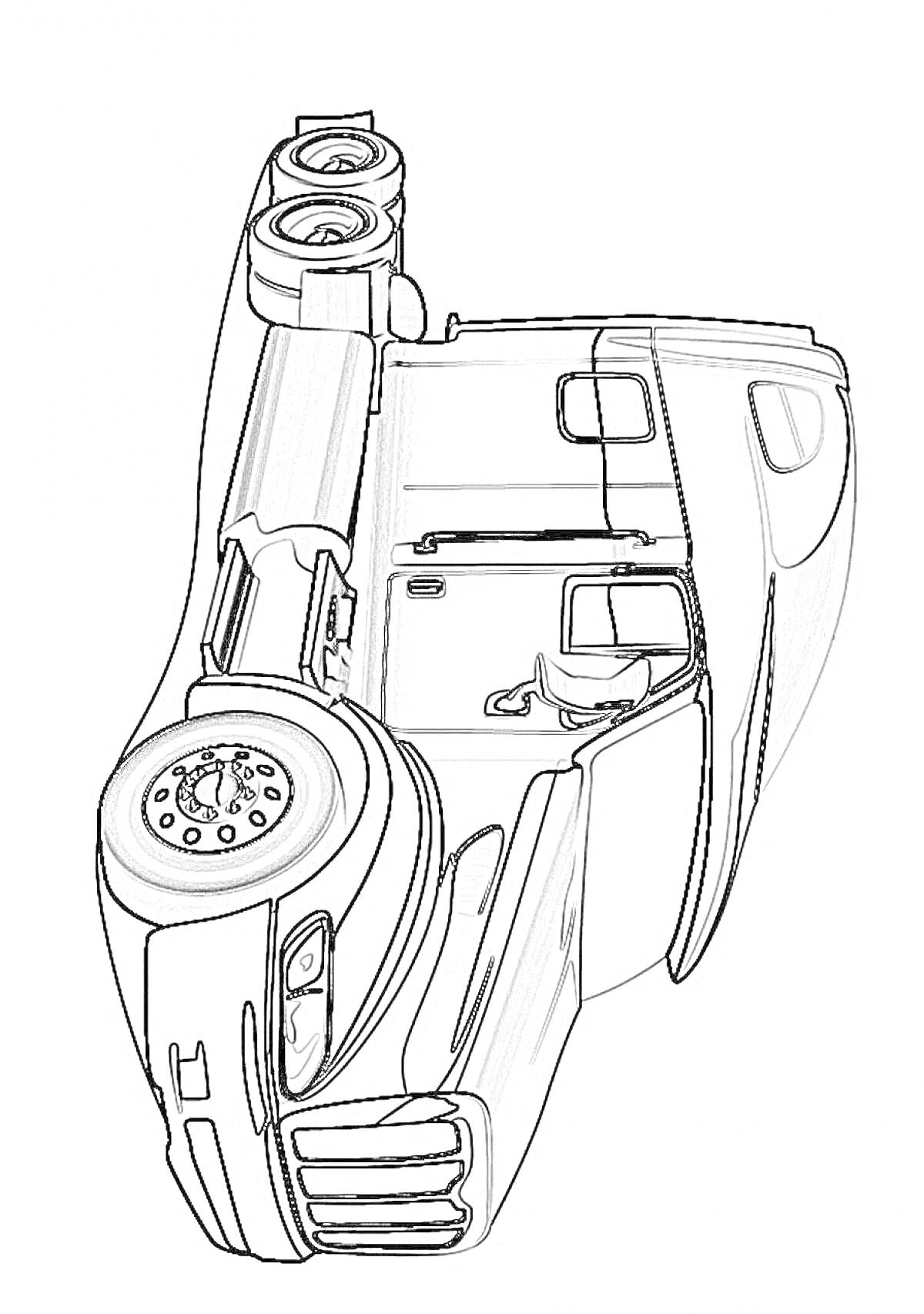 Раскраска Гоночный автомобиль с прорисованными деталями кузова и колес в боковом положении