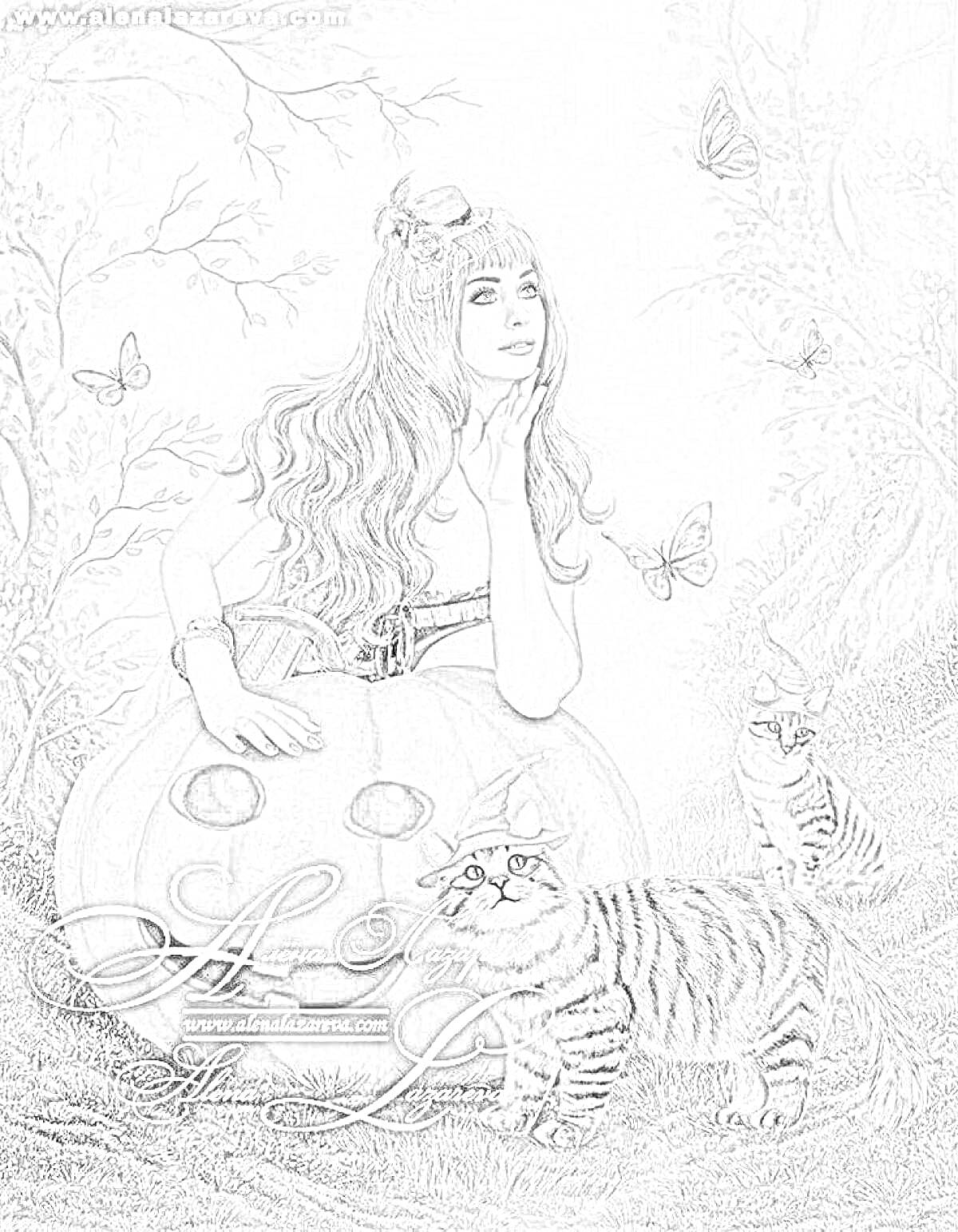 Раскраска Девушка, сидящая на тыкве, с двумя кошками на фоне деревьев и бабочек