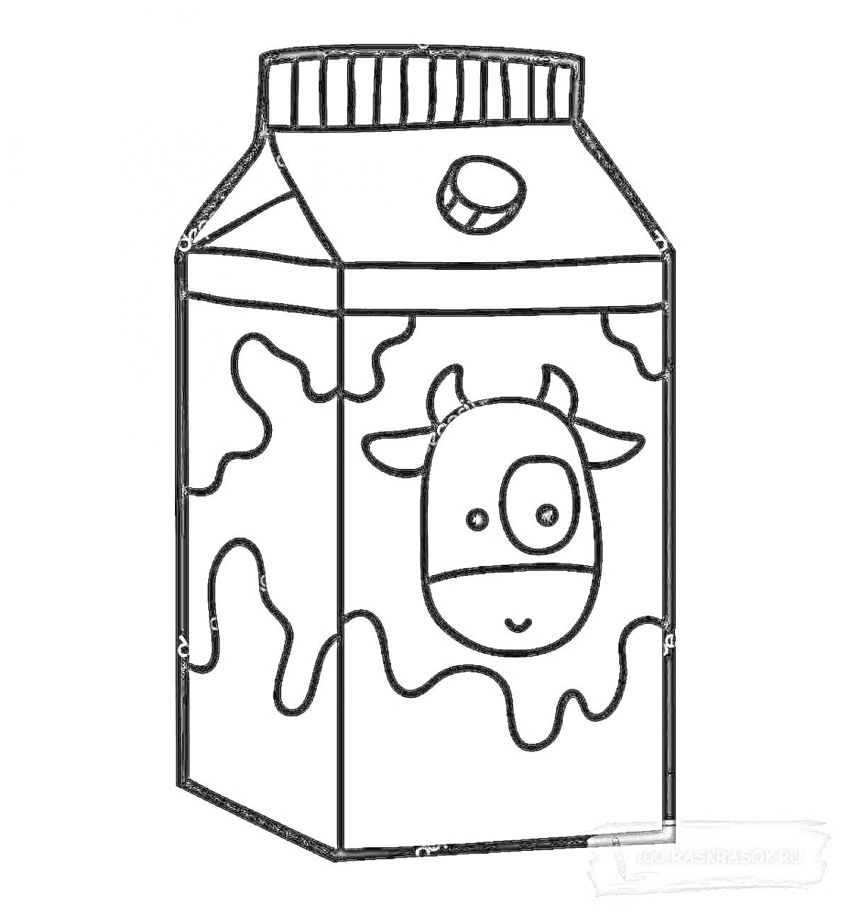 На раскраске изображено: Молоко, Коробка, Корова, Брызги, Упаковка